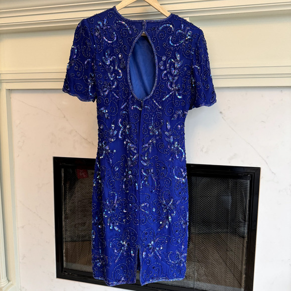 VTG ADRIANNA PAPELL DRESS 14 SILK BEADED BLUE FLORAL SEQUIN COCKTAIL RETRO SZ 6 - Picture 9 of 9